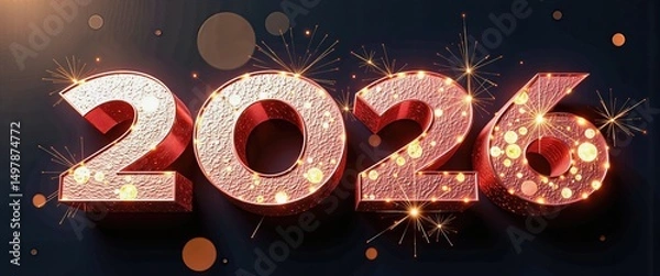 Fototapeta Happy New Year 2026 Celebration: Festive Fireworks and Countdown. A 3D rendering of the numbers 2016 surrounded by sparkling fireworks.