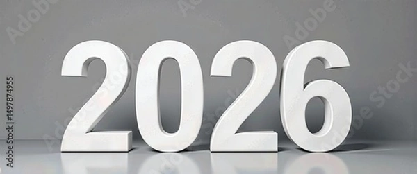 Fototapeta Happy New Year 2026: Sleek White 3D Sign Against Muted Gray Background. A 3D rendering of the number 2026 on a reflective surface.