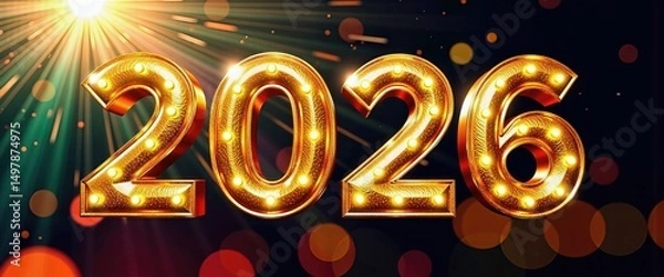 Fototapeta Vibrant New Year 2016 Scene: Festive Lights and Bold Happy New Year. A golden number 2016 with light bulbs on a dark background.