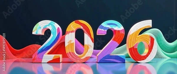 Fototapeta Happy New Year 2026 Artwork: Vibrant Digital Numbers Against Deep Blue. A vibrant, abstract representation of the year 2020.