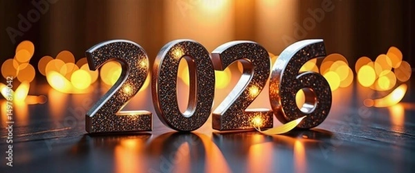 Fototapeta Happy New Year 2026 Festive Scene with Bokeh Lights and Illuminated '2026'. A close up of the numbers 2020 on a reflective surface.