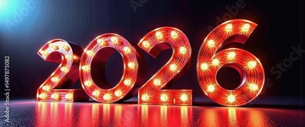 Fototapeta Happy New Year 2026: Festive Neon Sign Celebrating 2016's End. A 3D rendering of the number 2016 illuminated with light bulbs.