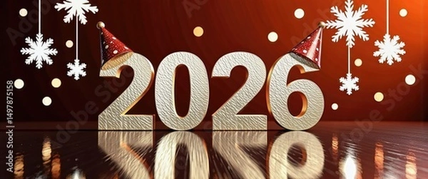Fototapeta Festive New Year's Eve Scene 2026: Snowflakes, Party Hats, and Deep Red Background. A festive scene with the number 26 and snowflakes.