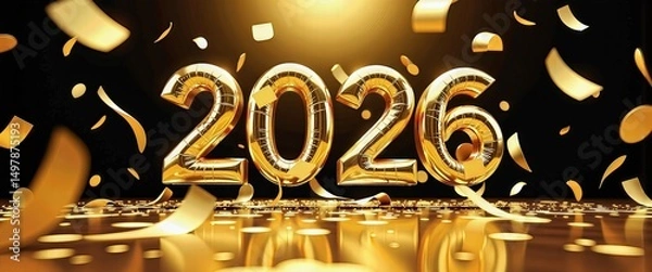 Fototapeta Happy New Year 2026: Festive Gold Balloons and Confetti Scene. A golden 2020 balloon surrounded by confetti on a reflective surface.