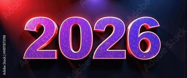 Fototapeta Vibrant Neon 2026 Sign Celebrates Happy New Year 2026 Against Deep Red Background. A neon sign with the number 2026 on a dark background.