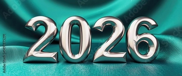 Fototapeta Happy New Year 2026 Digital Art Preview: Metallic Silver 2016 Render on Teal Background. A close up of the number '2026' on a teal background.