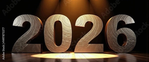 Fototapeta Happy New Year 2026: Illuminated Wooden Numbers 2016 under m Light. A 3D rendering of the year 2016 on a stage.