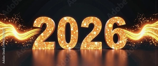 Fototapeta Happy New Year 2026 Digital Artwork with Golden Sparkles. A 3D rendering of the number '2026' surrounded by sparkling particles.