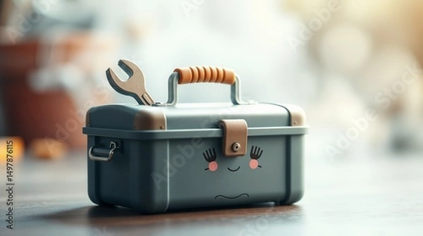 Fototapeta Cute toolbox with smiling face and tools, ideal for repair and DIY projects