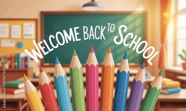 Fototapeta Colorful Pencils and Classroom Scene with Welcome Back to School Sign for Educational Theme and Back-to-School Promotions