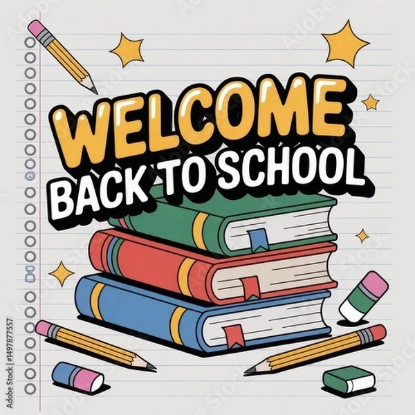 Fototapeta Colorful Back to School Graphic with Stacked Books, Pencils, and Welcome Message for Educational Themes and Child-Friendly Designs