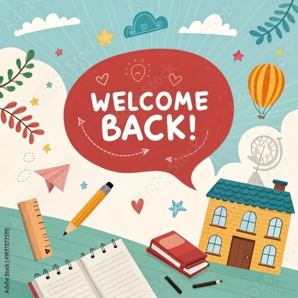 Fototapeta Colorful Welcome Back Message with Illustrations of School Supplies, Clouds, and Playful Elements for Educational Themes and Celebrations