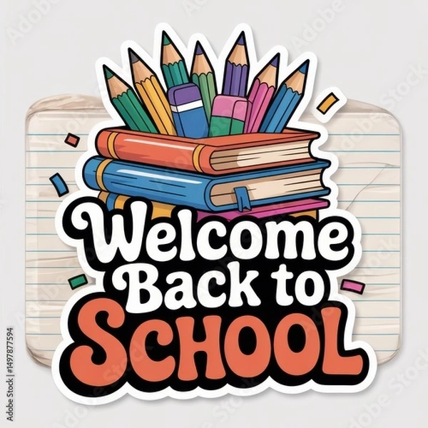 Fototapeta Colorful Welcome Back to School Graphic Featuring Books and Pencils on a Notepad Background for Educational Use