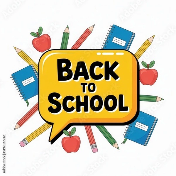 Fototapeta Colorful Back to School Illustration with Pencils, Notebooks, Apples, and Speech Bubble Communicating Educational Excitement for Children and Parents