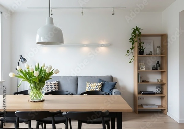 Obraz Interior view of a living room with dining table