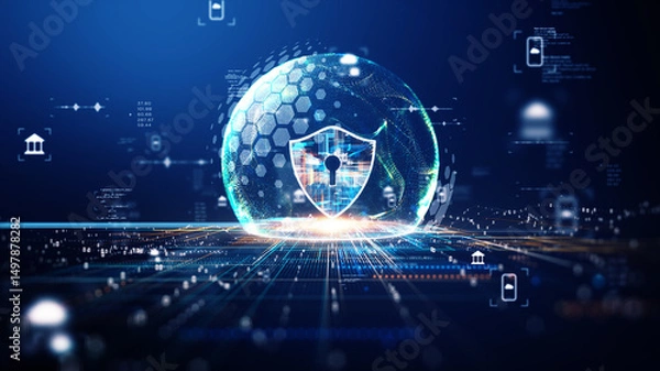 Obraz Cyber ​​security concept. Digital glowing shield inside hexagonal patterned sphere in the form of an energy field on a blue background. Symbol of cyber security and financial data protection.