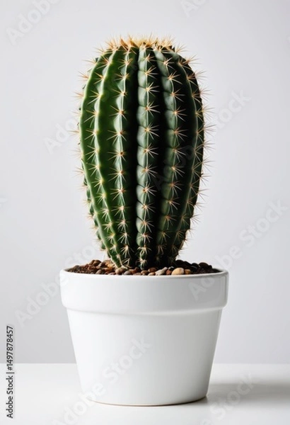 Fototapeta Vibrant cactus in a white pot, perfect for home decor and minimalist spaces.