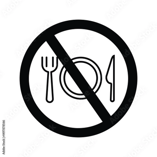 Obraz Dinner Plate Icon With Prohibition Sign. Illustration Of Cutlery Consisting Of Fork, Plate And Knife. Symbol Of Prohibited Eating. Not A Place To Eat.