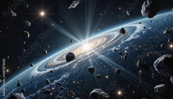 Fototapeta Galactic nebula with asteroids and cosmic rays in deep space  