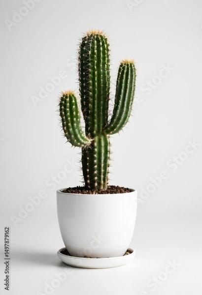 Fototapeta Vibrant cactus in a white pot, perfect for home decor and minimalist spaces.