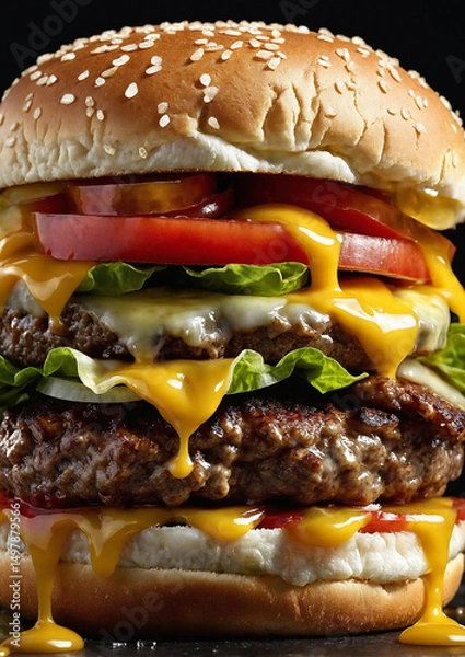 Obraz  Juicy Cheeseburger with Fresh Lettuce Tomatoes Pickles and Melted Cheddar