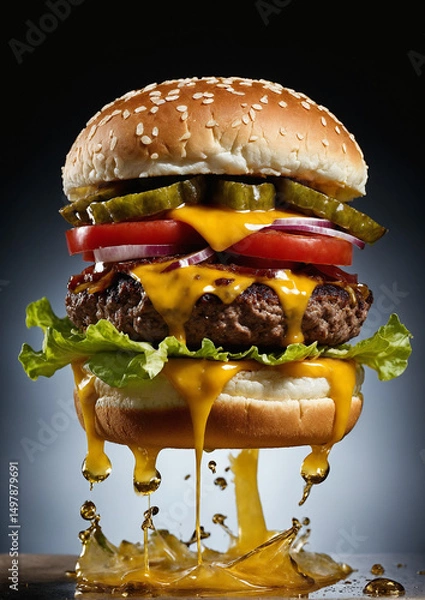 Obraz  Juicy Cheeseburger with Fresh Lettuce Tomatoes Pickles and Melted Cheddar