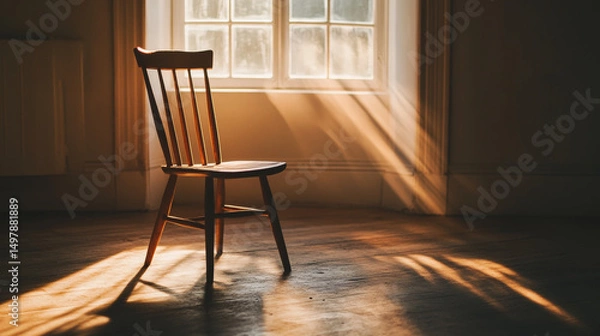Fototapeta Wooden Chair in Empty Room Bathed in Sunset Glow with a Single Shadow Stretching Across the Floor