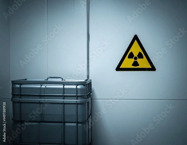 Fototapeta Radiation Hazard: A stark visual depicting a radiation hazard with a prominent warning symbol, positioned on a wall within a sterile setting, alongside a metallic container, symbolizing nuclear risks.