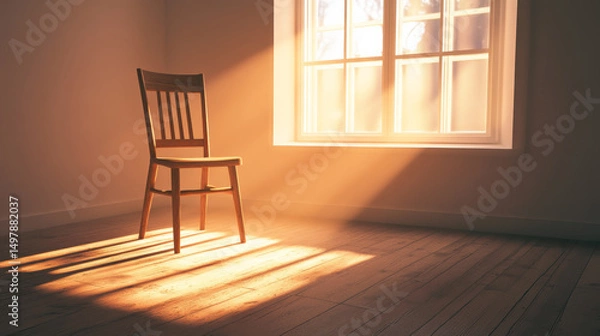 Fototapeta Wooden Chair in Empty Room Bathed in Sunset Glow with a Single Shadow Stretching Across the Floor