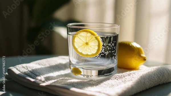 Fototapeta Minimalist Wellness Scene with Lemon Water on Medical Desk Representing Hydration and Calm