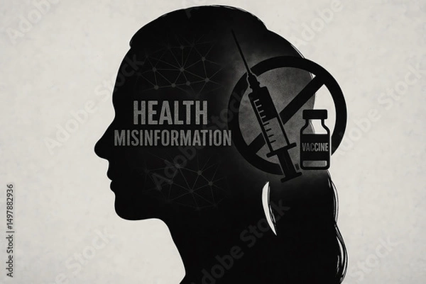 Fototapeta A silhouette of a woman's head against a textured background, symbolizing health misinformation with images of a syringe and a vial, representing vaccine hesitancy and misinformati
