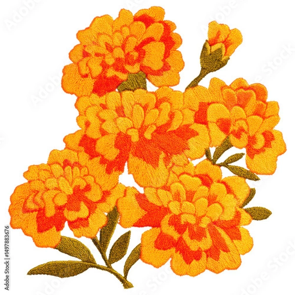 Fototapeta Bright embroidery patch of orange marigold flower with green leaves creates vibrant and cheerful design perfect for fabric decoration