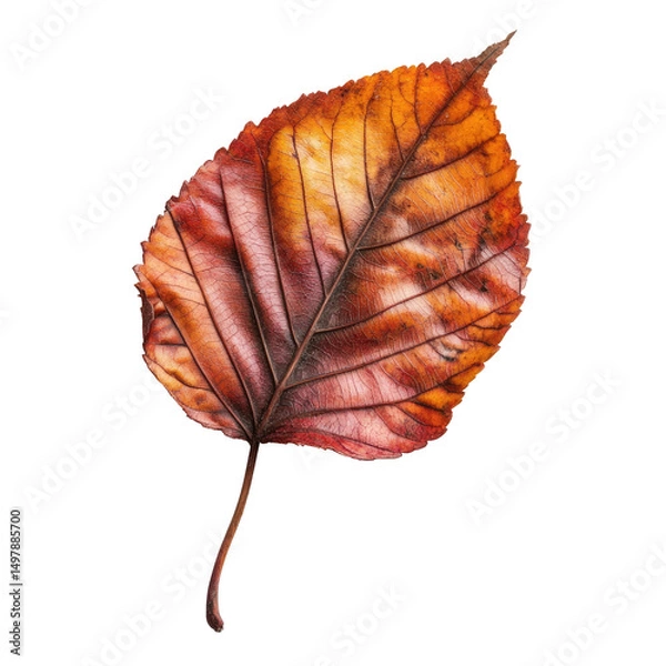 Fototapeta A single, dried leaf in autumnal hues, showcasing intricate vein patterns and subtle color variations