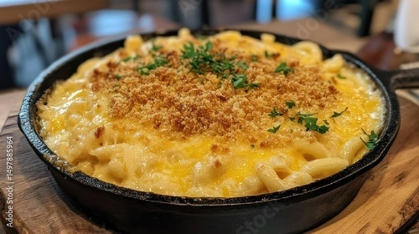 Obraz Delicious mac and cheese, baked in a cast iron skillet with breadcrumbs.
