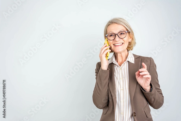 Fototapeta Happy smiling mature middle aged business woman, 50s professional lady executive manager talking on the phone making business call on cellphone at work isolated.