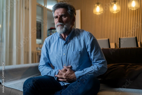 Fototapeta Mature man suffering from stomach ache. Abdominal pain or ache concept. Sad senior man sitting on couch at home, suddenly feeling strong stomach ache, gastritis problem