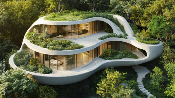 Fototapeta Architectural Renderings Harmonized with Nature – Designs Seamlessly Integrated into Natural Landscapes with Detailed Topography and Environmental Balance.