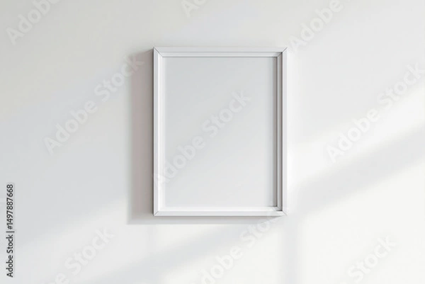 Fototapeta White rectangular picture frame mockup hanging on plain wall, minimalistic photo style, bright neutral background, concept of creative blank display. Ai generative