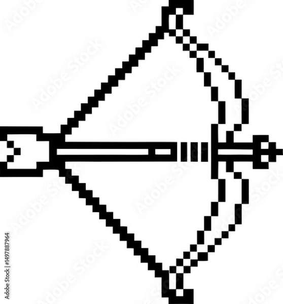 Fototapeta pixelated bow and arrow icon in black and white retro gaming, simple design, minimalist symbol