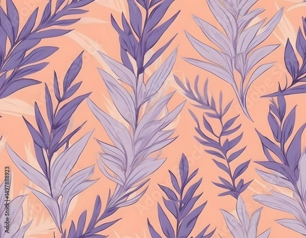 Fototapeta Seamless botanical pattern with lavender and banana leaves on peach background. Ideal for textile design, gift wrapping paper