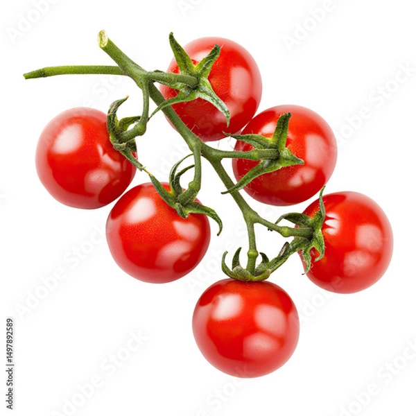 Obraz Cluster of fresh, ripe tomatoes on a vine.  Shiny red tomatoes attached to green stems