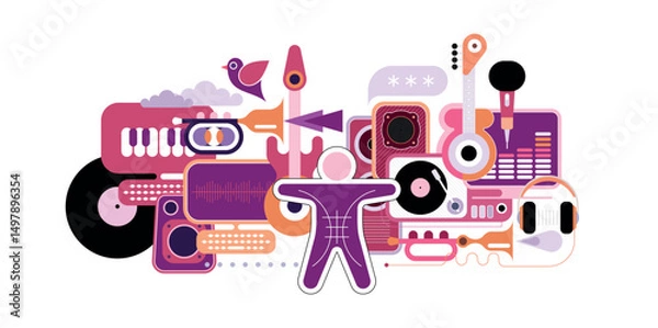 Obraz Abstract musical composition in a modern style. Illustration featuring musical instruments, speakers, vinyl records, headphones. Flat design with geometric shapes and a pink-purple color palette. 
