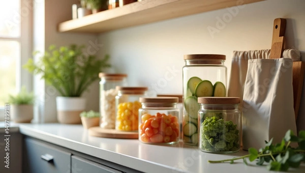 Fototapeta Eco-friendly packaging at home - photo of reusable cans, fabric bags and compostable packaging on kitchen shelf.