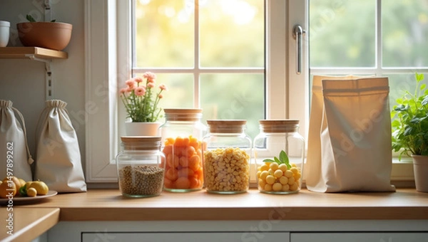 Fototapeta Eco-friendly packaging at home - photo of reusable cans, fabric bags and compostable packaging on kitchen shelf.