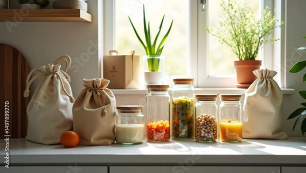 Fototapeta Eco-friendly packaging at home - photo of reusable cans, fabric bags and compostable packaging on kitchen shelf.