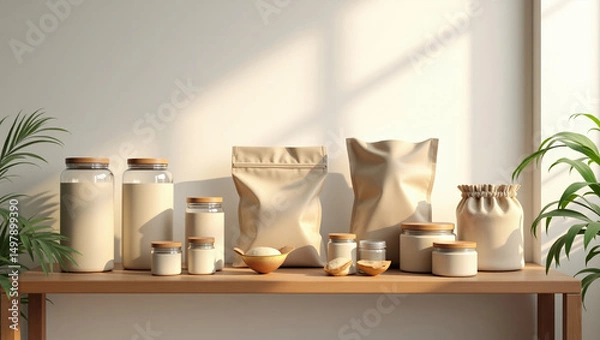 Fototapeta Eco-friendly packaging at home - photo of reusable cans, fabric bags and compostable packaging on kitchen shelf.