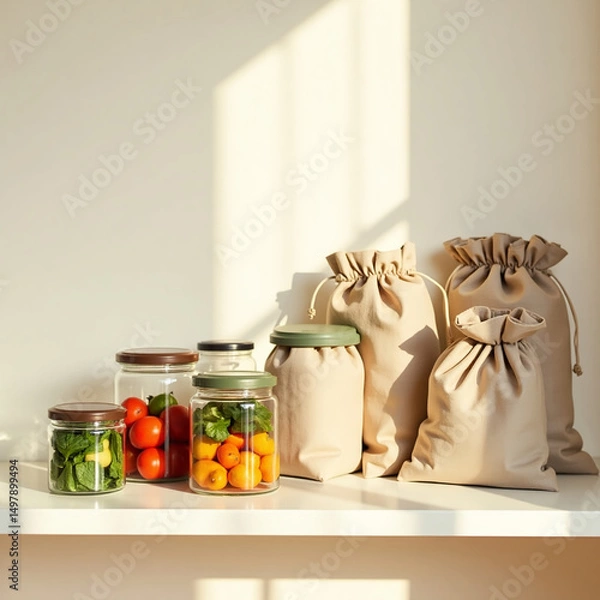 Fototapeta Eco-friendly packaging at home - photo of reusable cans, fabric bags and compostable packaging on kitchen shelf.