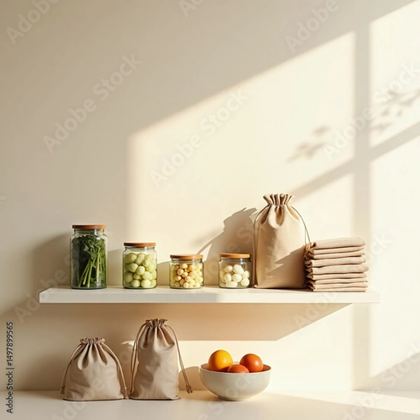 Fototapeta Eco-friendly packaging at home - photo of reusable cans, fabric bags and compostable packaging on kitchen shelf.