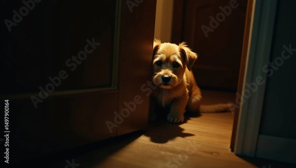 Fototapeta Pet dog looking through slightly ajar door at night, light in hallway casts a long shadow. 