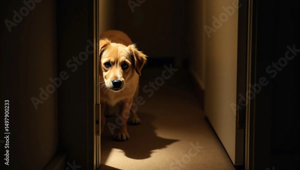Fototapeta Pet dog looking through slightly ajar door at night, light in hallway casts a long shadow. 